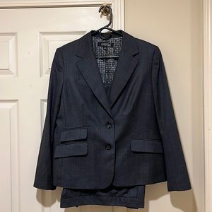 Kasper dark gray, light pinstripe pant suit, 2 pieces lined two button jacket.